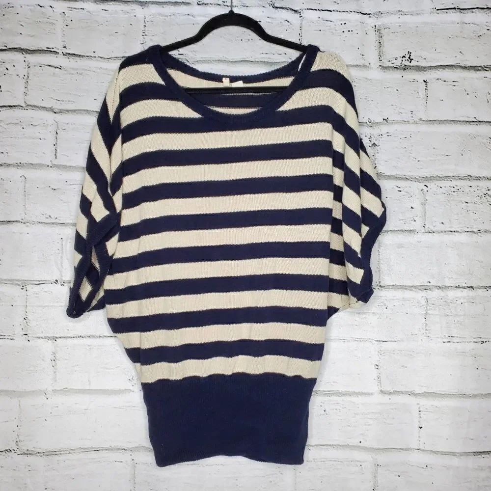 Anthropologie Moth bathing striped Navy Blue and white cotton sweater small